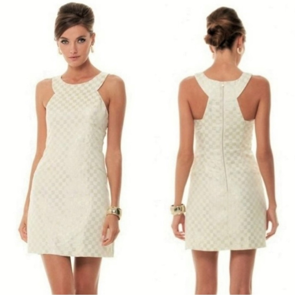 Lilly Pulitzer Sleeveless Halter Jacquard Jepson Dress, Gold & Ivory Che…